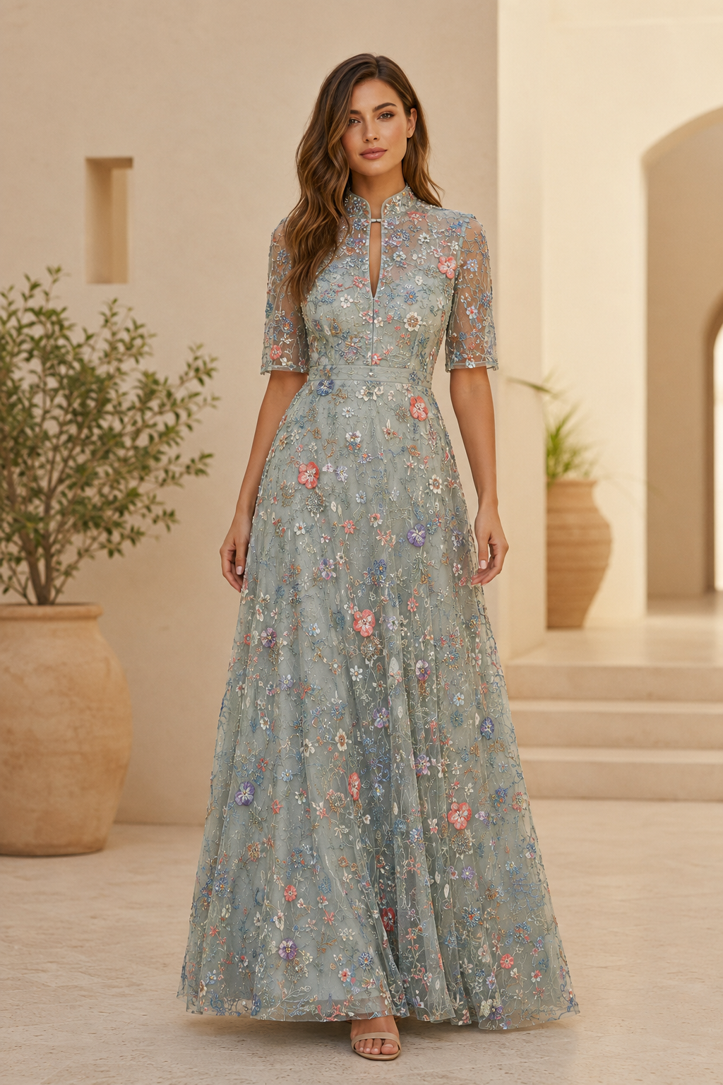 Floral Embroidered A-Line Evening Gown