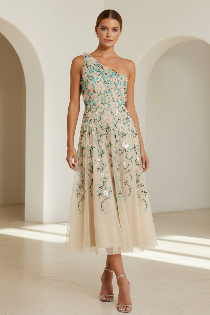 One-Shoulder Embroidered Tulle Midi Dress with 3D Flowers – Promlly