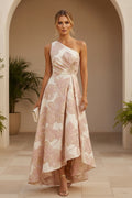 One Shoulder Floral Jacquard Hi-Low Gown