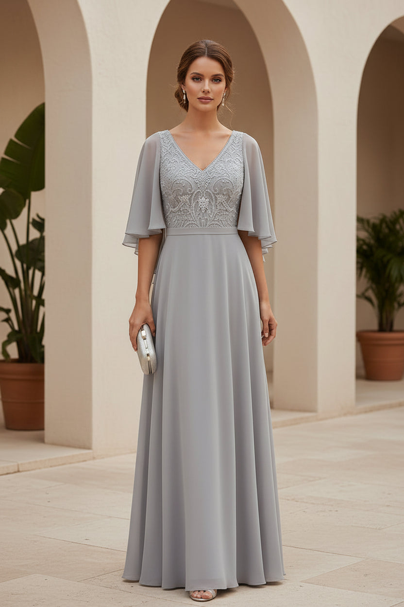 Chiffon Cape Sleeve Lace Bodice A-Line Evening Gown