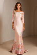Asymmetrical Off-the-Shoulder Floral Mermaid Gown