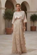 Satin & Lace A-Line Gown with Floral Skirt & Belt
