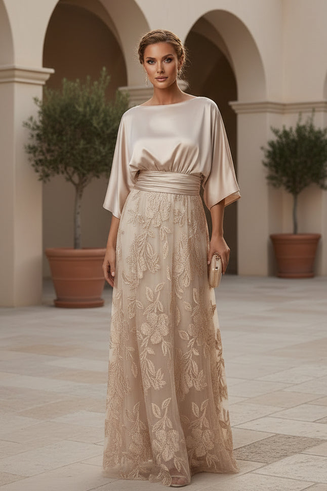 Satin & Lace A-Line Gown with Floral Skirt & Belt