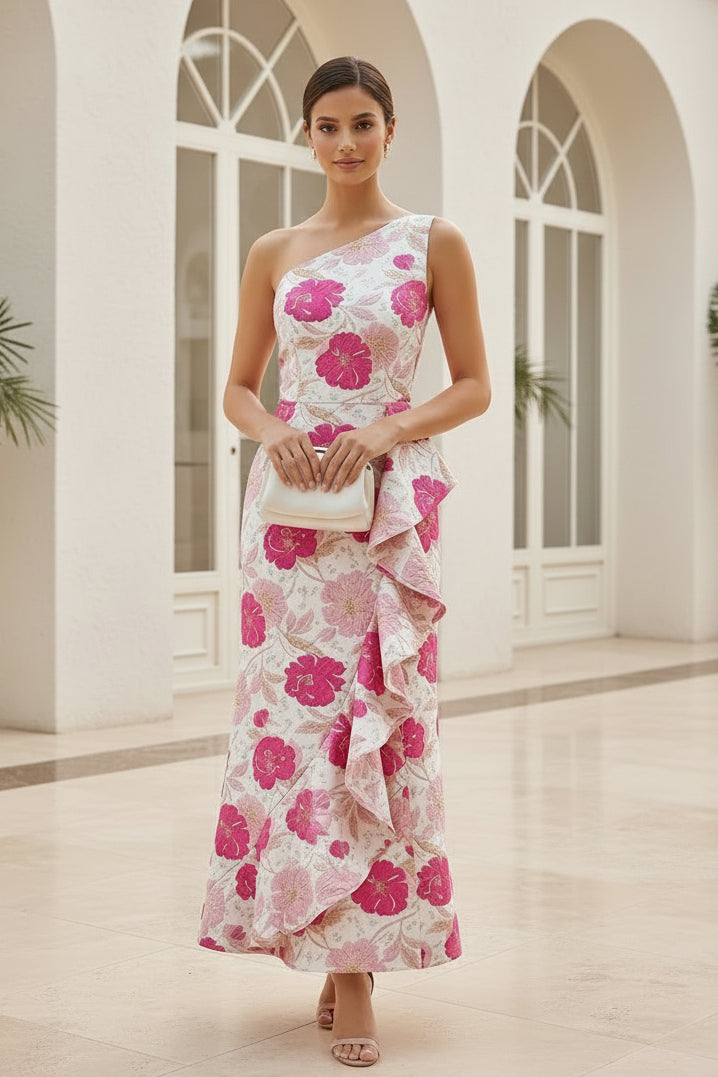 Floral Jacquard One Shoulder Ruffle Maxi Dress