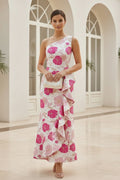 Floral Jacquard One Shoulder Ruffle Maxi Dress