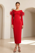Off-the-Shoulder Feather Trim Midi Dress