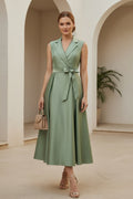 Satin Wrap Midi Dress with Notch Lapel & Bow Belt