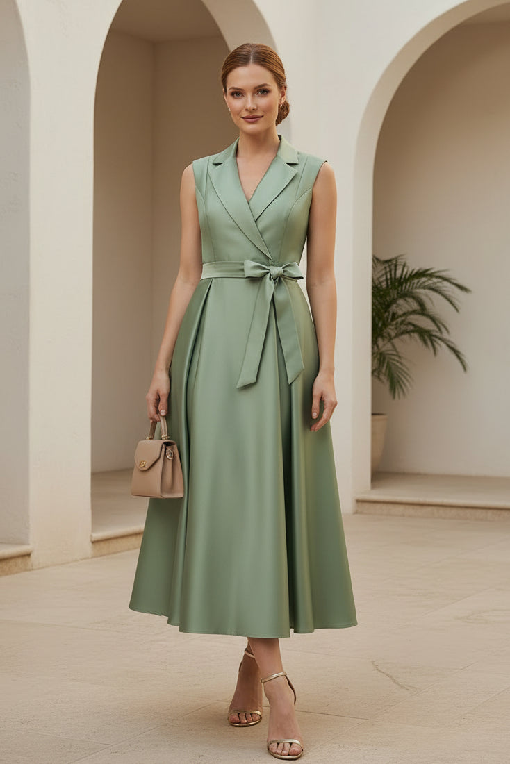 Satin Wrap Midi Dress with Notch Lapel & Bow Belt