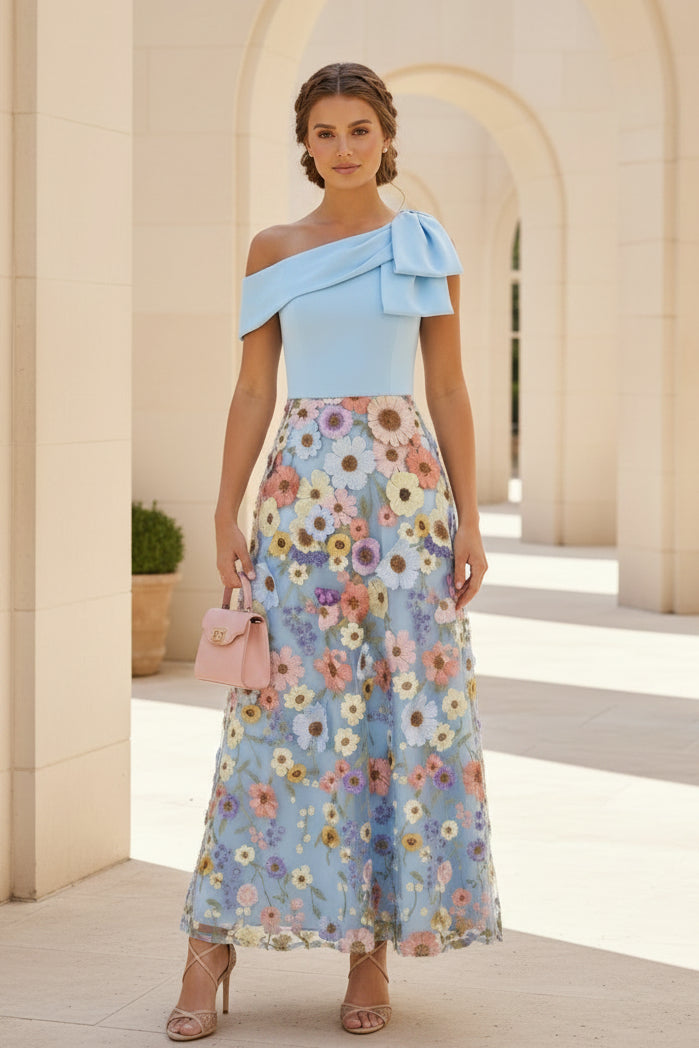 One Shoulder Bow Floral Applique Maxi Dress