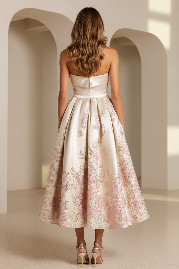 Strapless Metallic Jacquard A-Line Midi Dress
