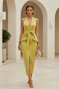 Halter Deep V Peplum Midi Dress with High Slit