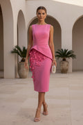 Sleeveless Peplum Midi Dress with Floral Appliques