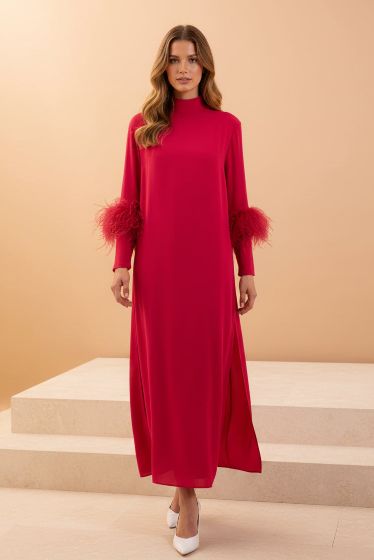 High Neck Midi Dress with Feather Trim Sleeves
