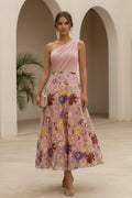 One Shoulder Floral Embroidered Midi A-Line Dress