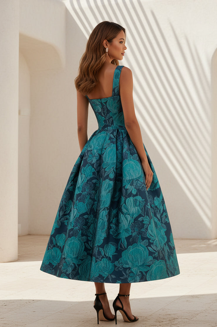Floral Jacquard Tea-Length Ball Gown