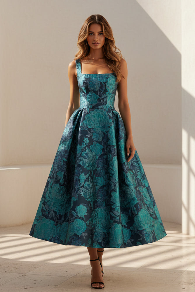 Floral Jacquard Tea-Length Ball Gown