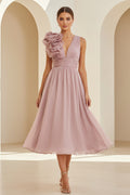 Pleated V-Neck Midi Dress with Ruffled Shoulder