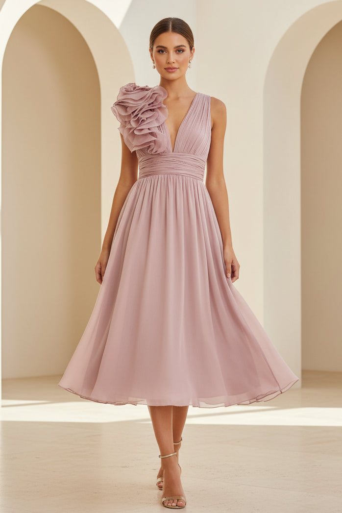 Pleated V-Neck Midi Dress with Ruffled Shoulder