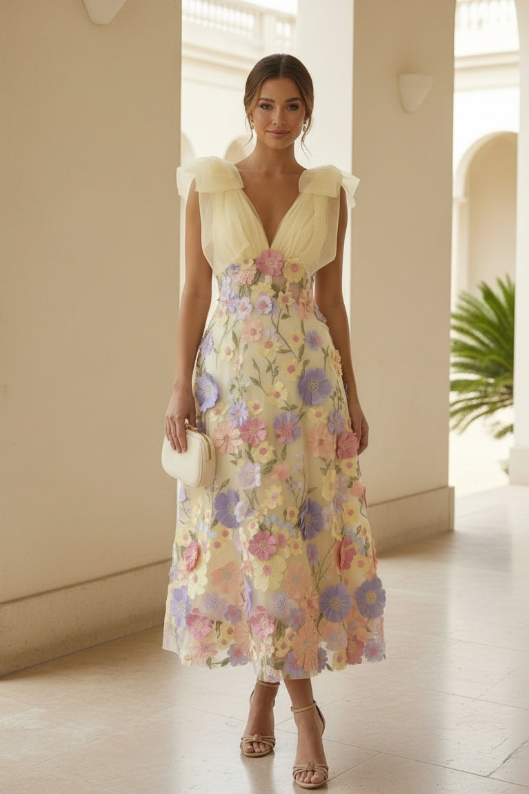 3D Floral Applique Tulle Midi Dress with Bow Shoulders