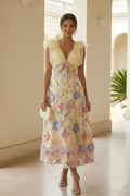 3D Floral Applique Tulle Midi Dress with Bow Shoulders