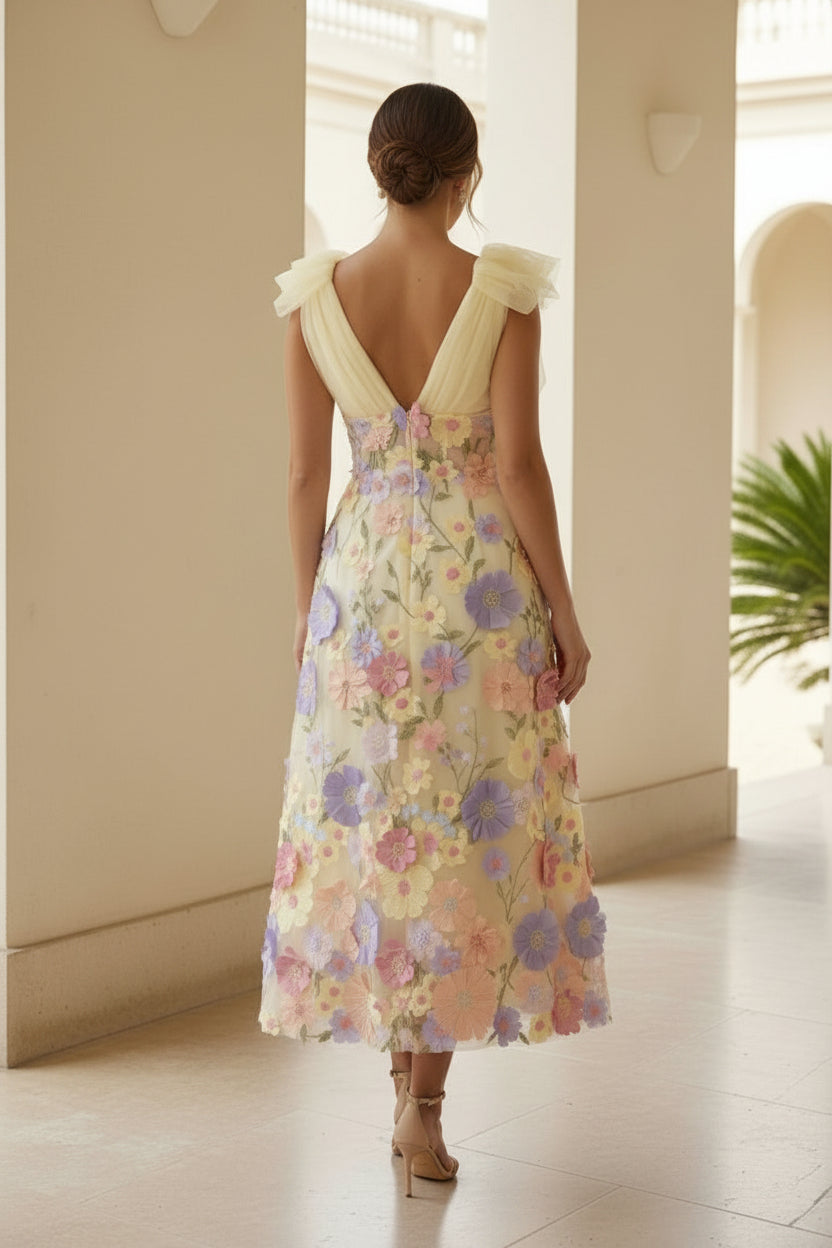 3D Floral Applique Tulle Midi Dress with Bow Shoulders