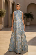 Floral Jacquard High Neck A-Line Evening Gown