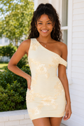 One-Shoulder Ruched Lace Applique Mini Dress
