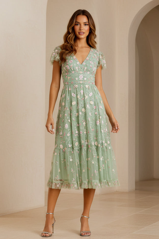 Embroidered Floral Tulle Midi A-Line Dress