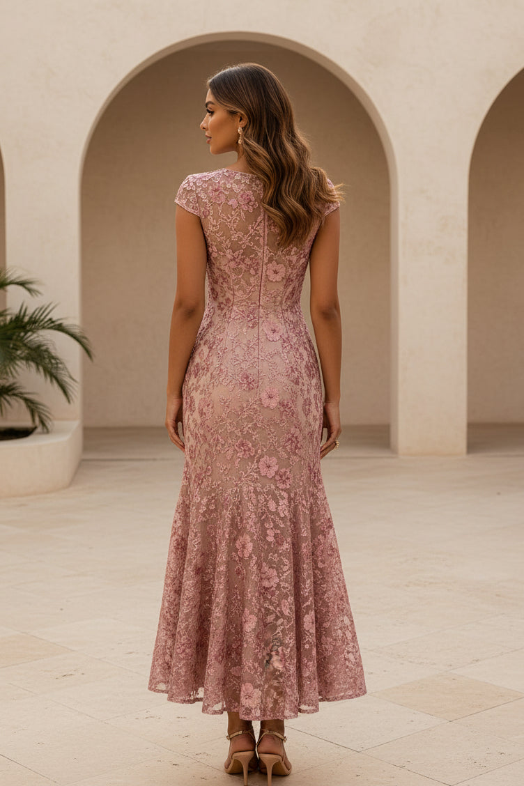 Floral Lace Cap Sleeve Midi Mermaid Dress