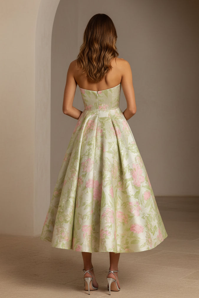 Strapless Floral Jacquard Tea-Length A-Line Dress