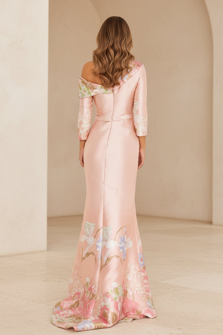 Asymmetrical Off-the-Shoulder Floral Mermaid Gown