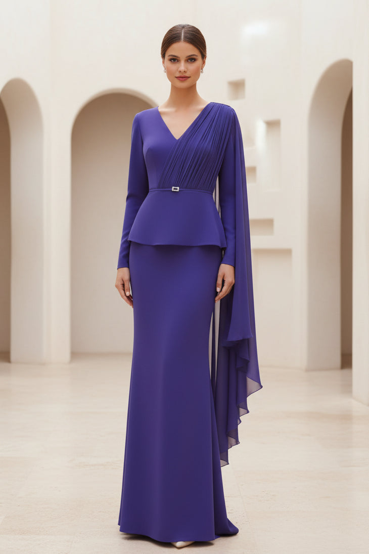 Asymmetrical Peplum Evening Gown with Cape Sleeve