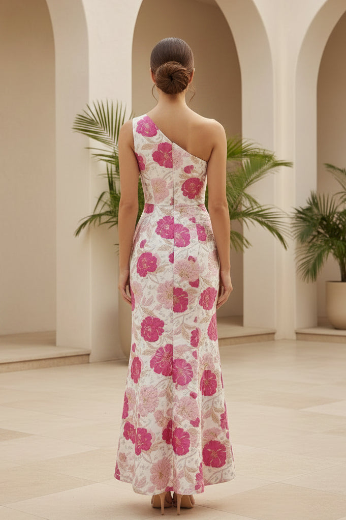 Floral Jacquard One Shoulder Ruffle Maxi Dress