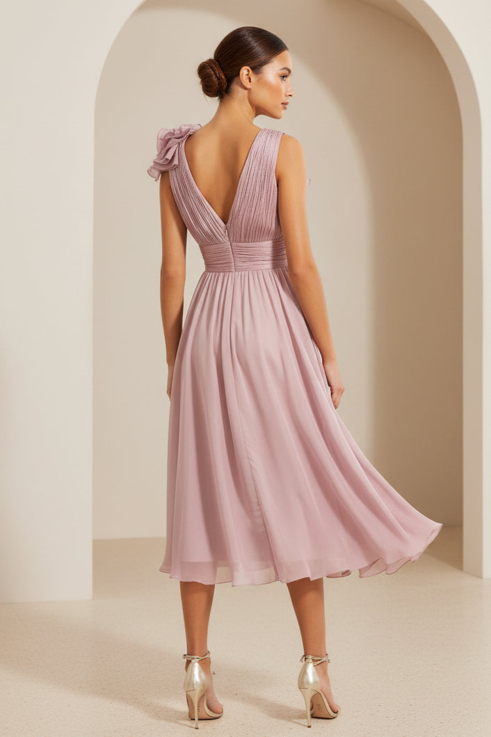 Pleated V-Neck Midi Dress with Ruffled Shoulder