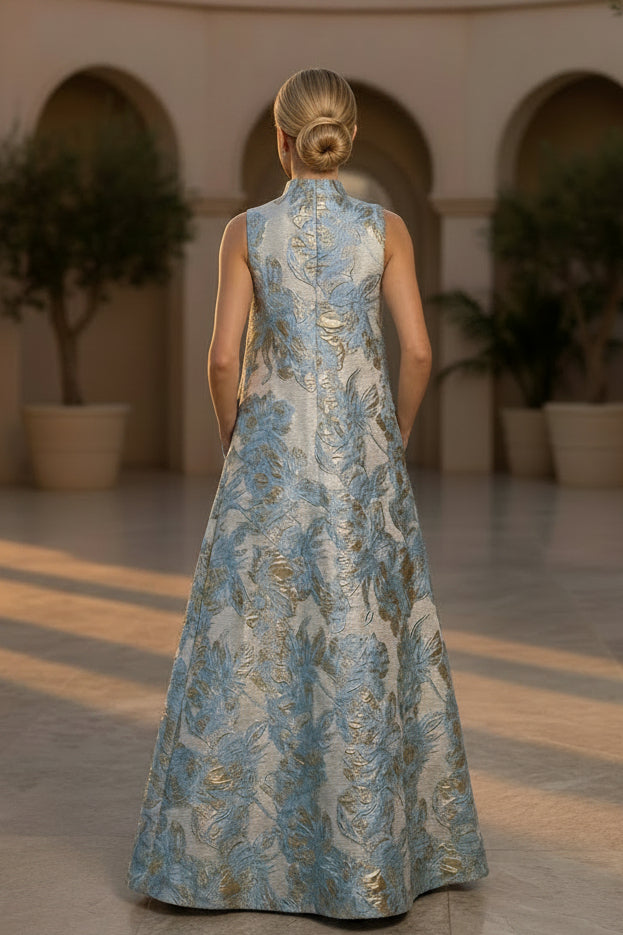 Floral Jacquard High Neck A-Line Evening Gown