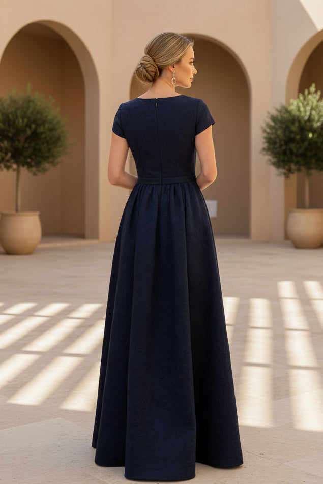 Jacquard A-Line Gown with Sequin Bodice & Pockets