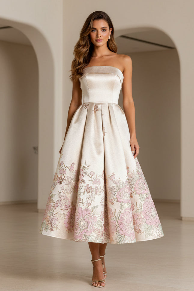 Strapless Metallic Jacquard A-Line Midi Dress