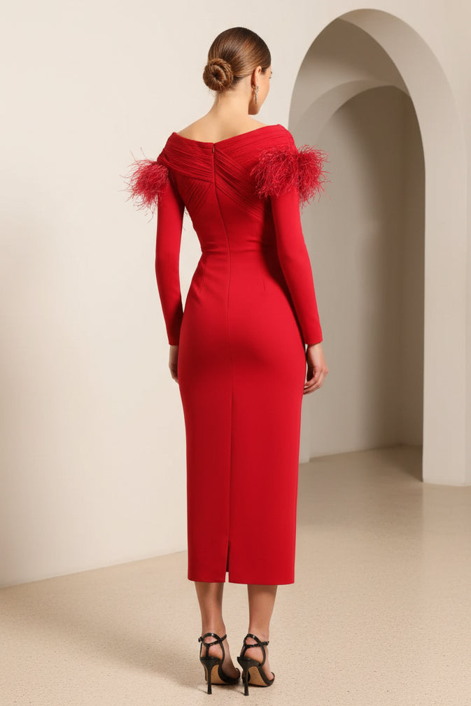 Off-the-Shoulder Feather Trim Midi Dress