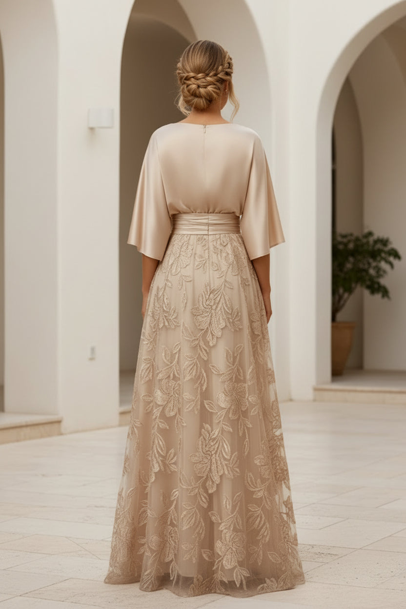 Satin & Lace A-Line Gown with Floral Skirt & Belt