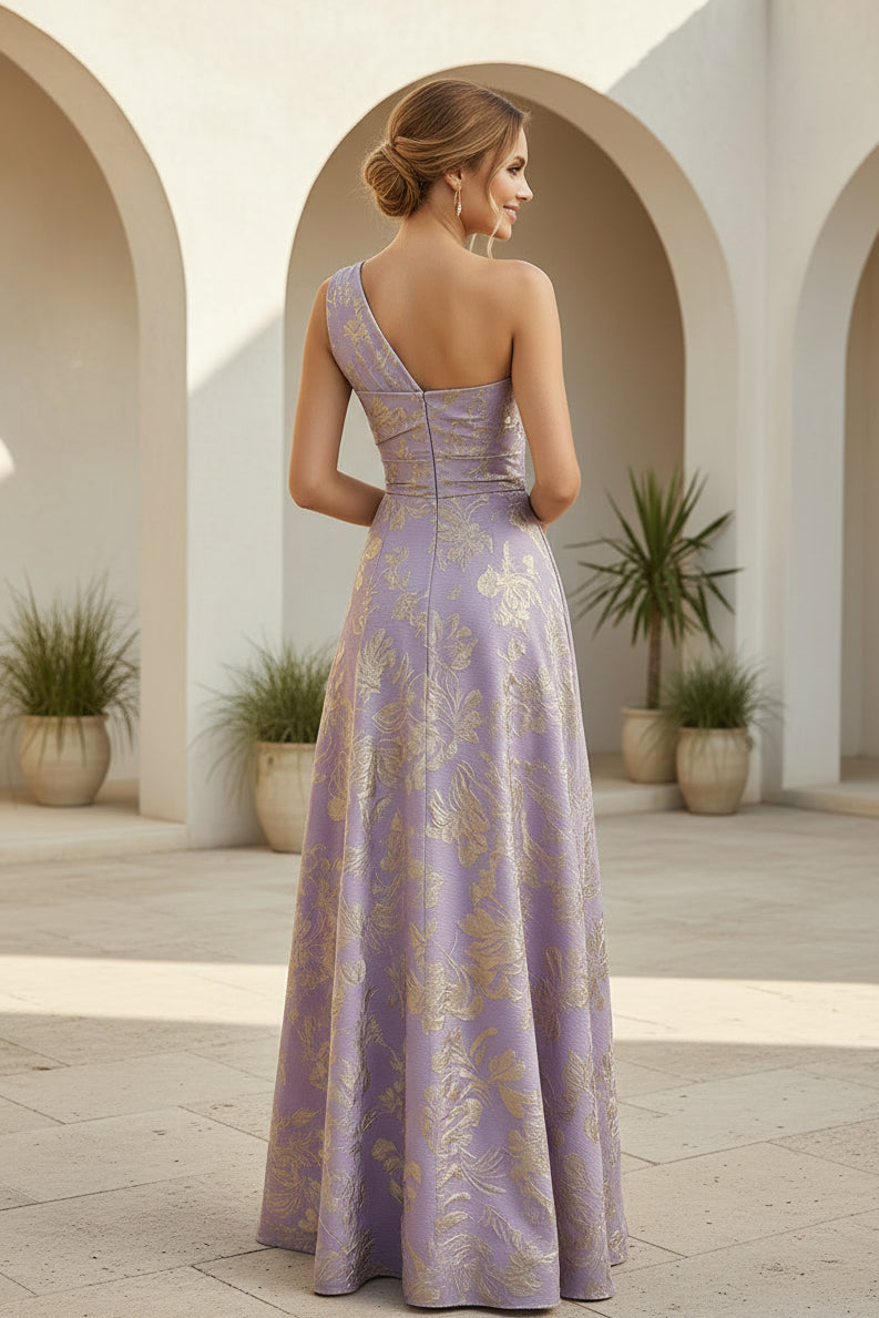 One Shoulder Jacquard A-Line Maxi Evening Dress