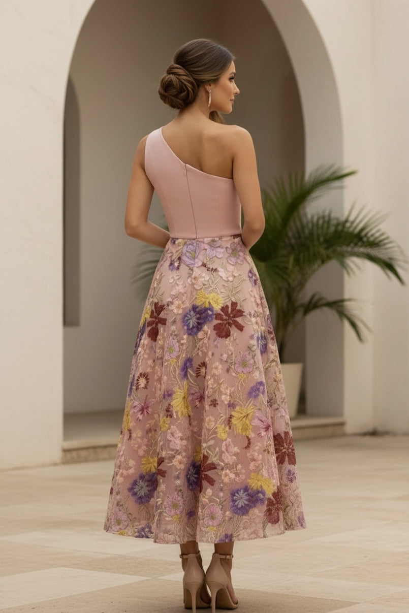 One Shoulder Floral Embroidered Midi A-Line Dress