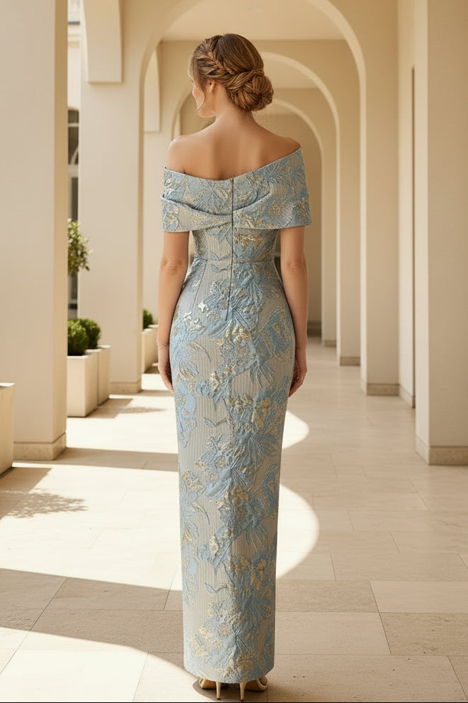 Off Shoulder Brocade Column Evening Gown