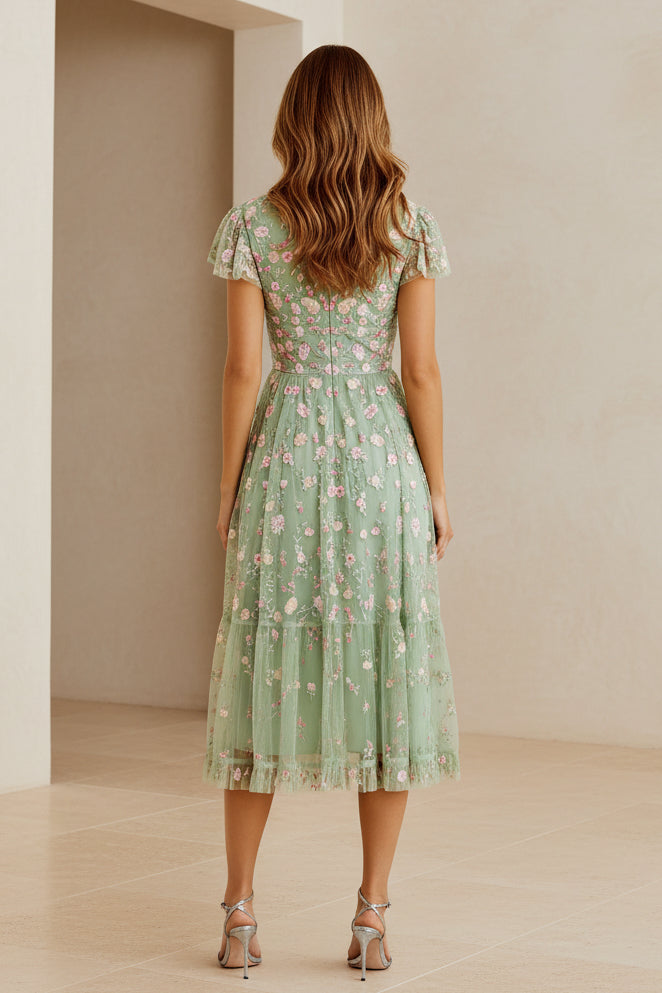 Embroidered Floral Tulle Midi A-Line Dress