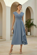 V-Neck Ruched Cap Sleeve Tea-Length A-Line Dress