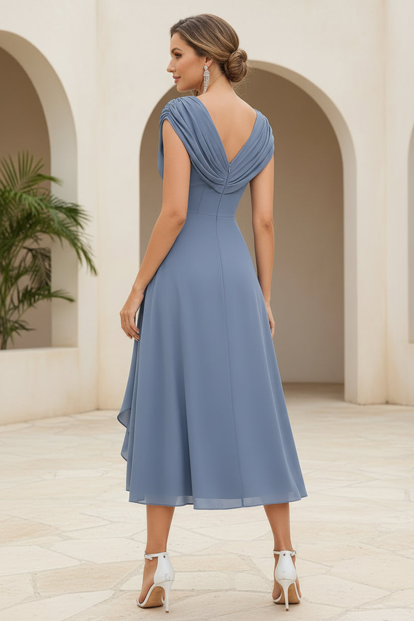 V-Neck Ruched Cap Sleeve Tea-Length A-Line Dress