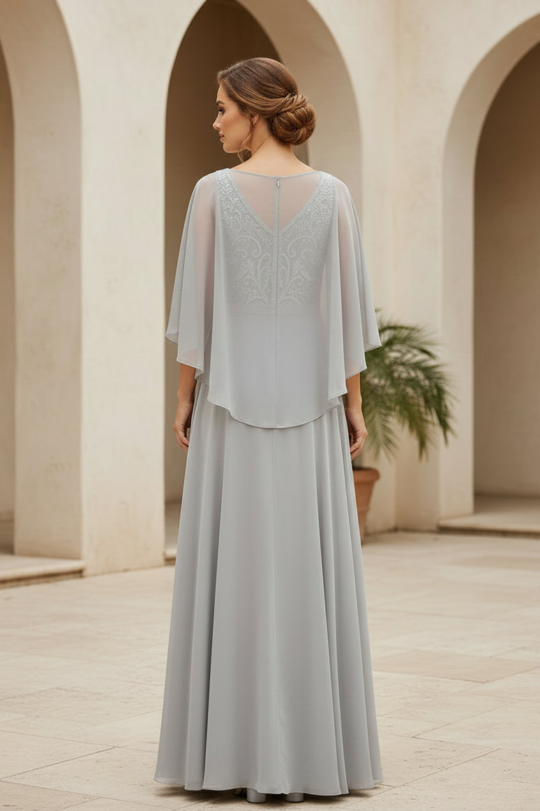 Chiffon Cape Sleeve Lace Bodice A-Line Evening Gown