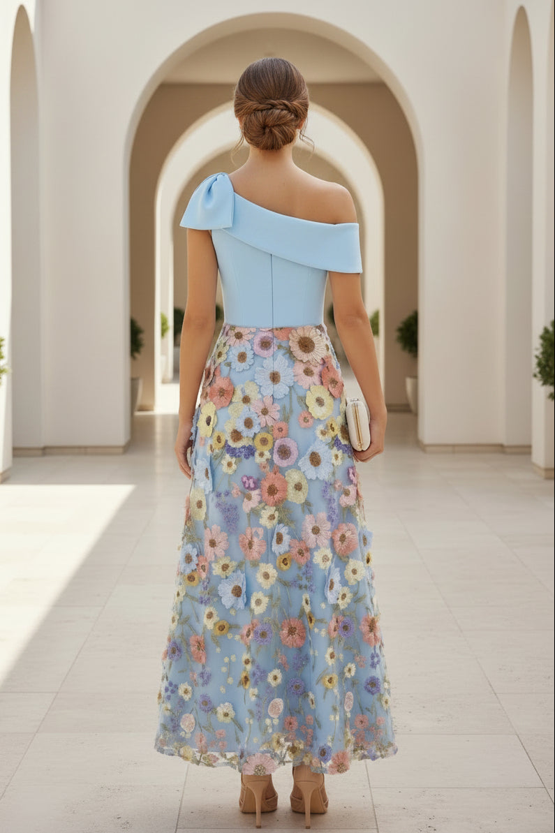 One Shoulder Bow Floral Applique Maxi Dress