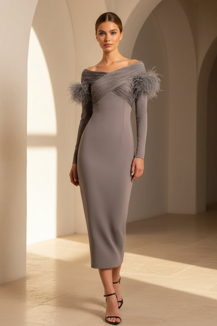 Off-the-Shoulder Feather Trim Midi Dress