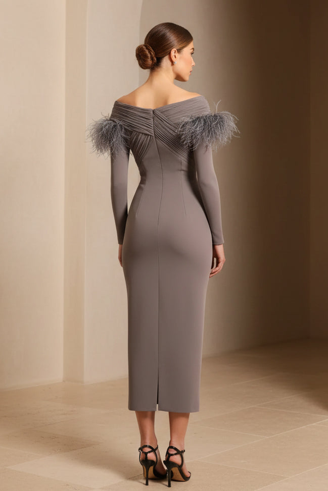 Off-the-Shoulder Feather Trim Midi Dress