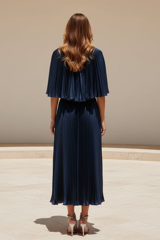 Pleated Capelet A-Line Midi Dress